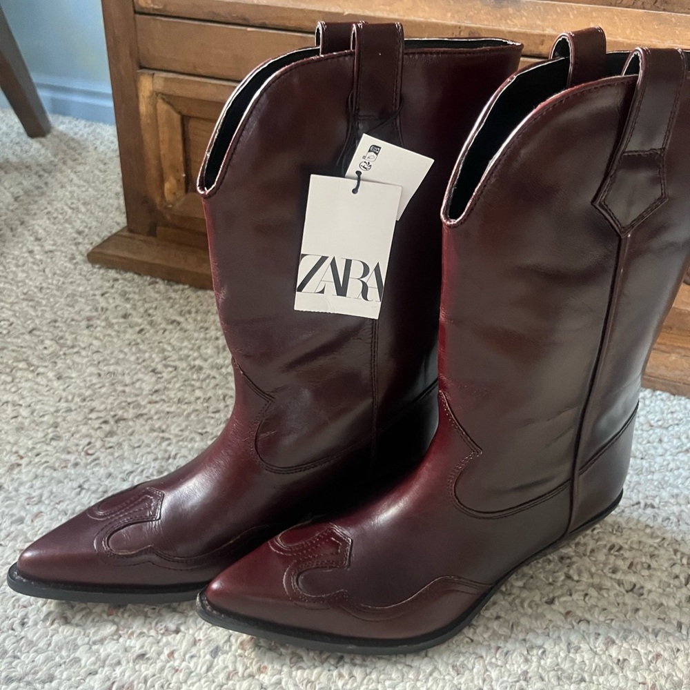 Zara Burgundy Heeled Boots with Western Flair